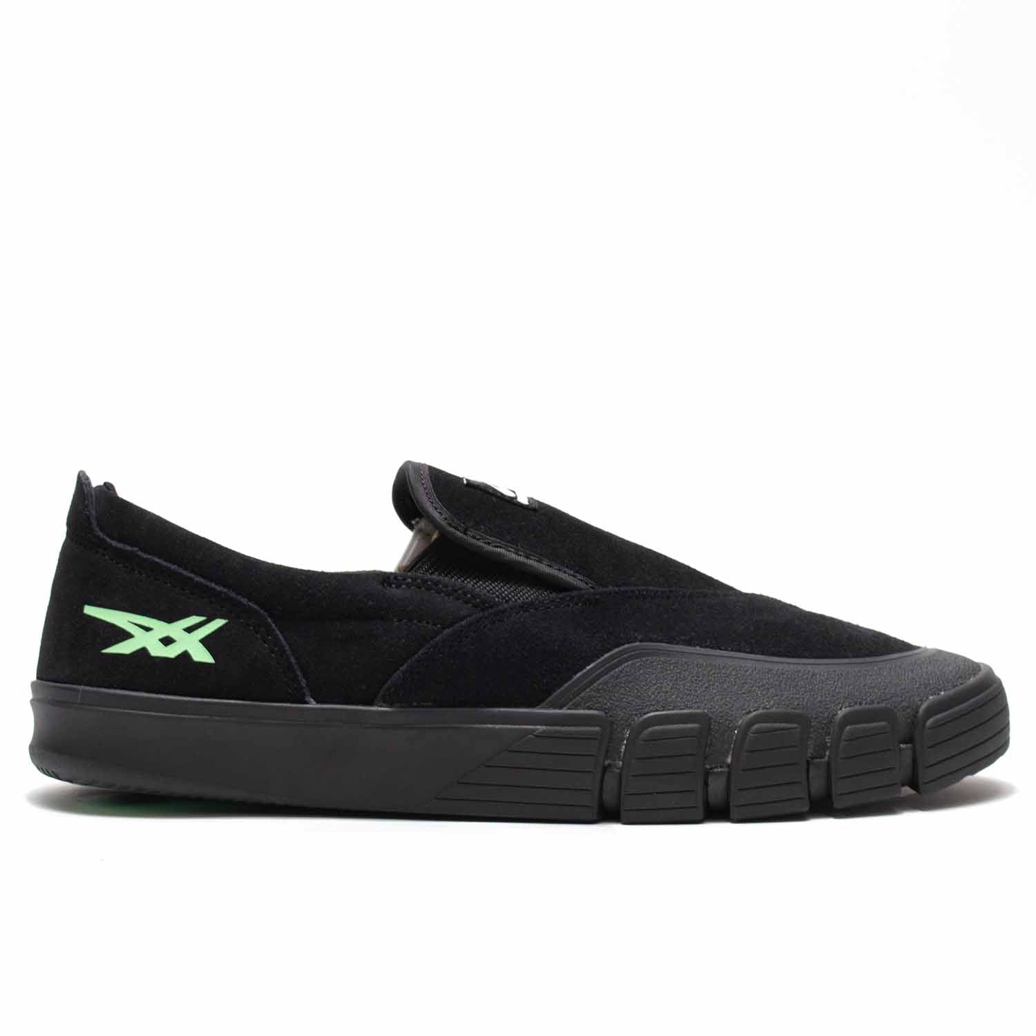 Asics Black slip on shoe with black sole and green asics logo. Chunky outer sole. Suede shoe. Black rubber toe cap.