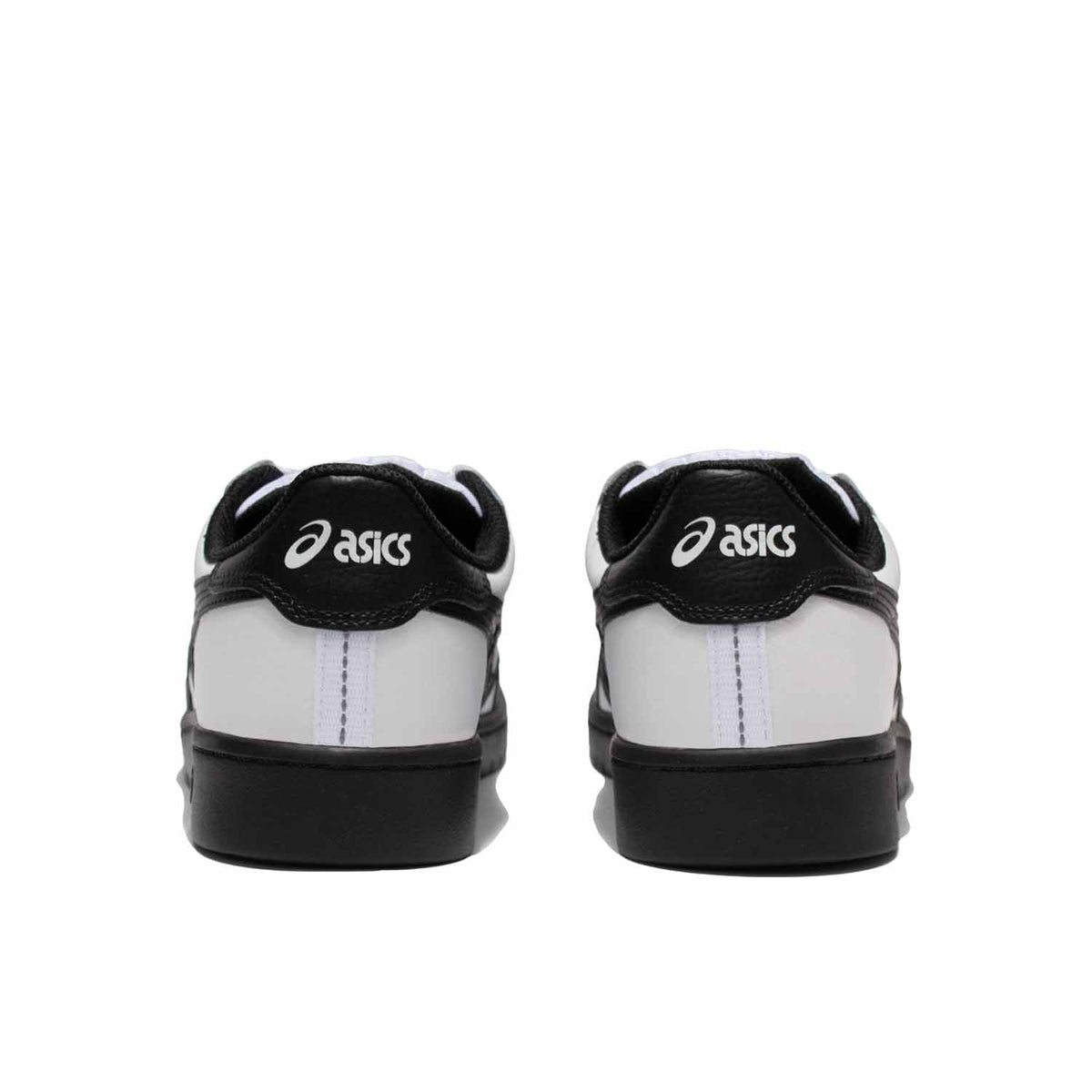 Heel photo of Asics Japan Pro shoe, all white with black heel, black asics logo, and black sole. Back of heel has leather detailing with asics in white on Black leather. 