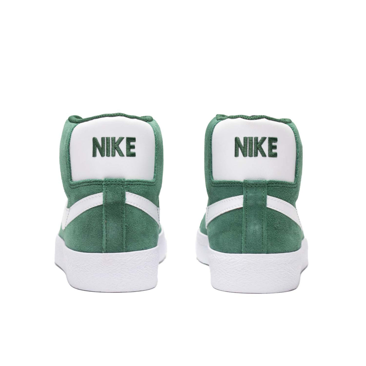 Nike Green suede high top skateboarding shoe with white Nike swoosh, white laces, and white sole.