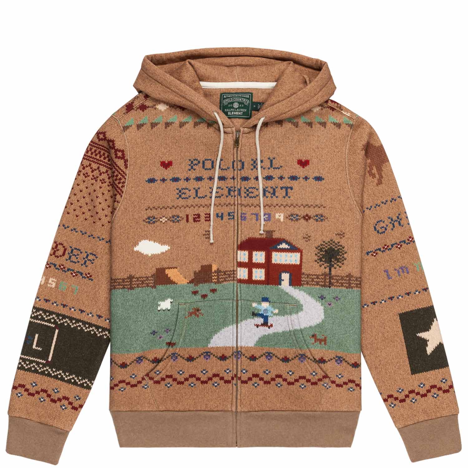 Polo Ralph Lauren x Element Zip up Hoodie in Brown with printed sweater graphic. Warm colors in red, brown, tan, green, and some navy. Image on hoodie is a skateboarder pushing to a mini ramp with the image looking like it is a hand made sweater.