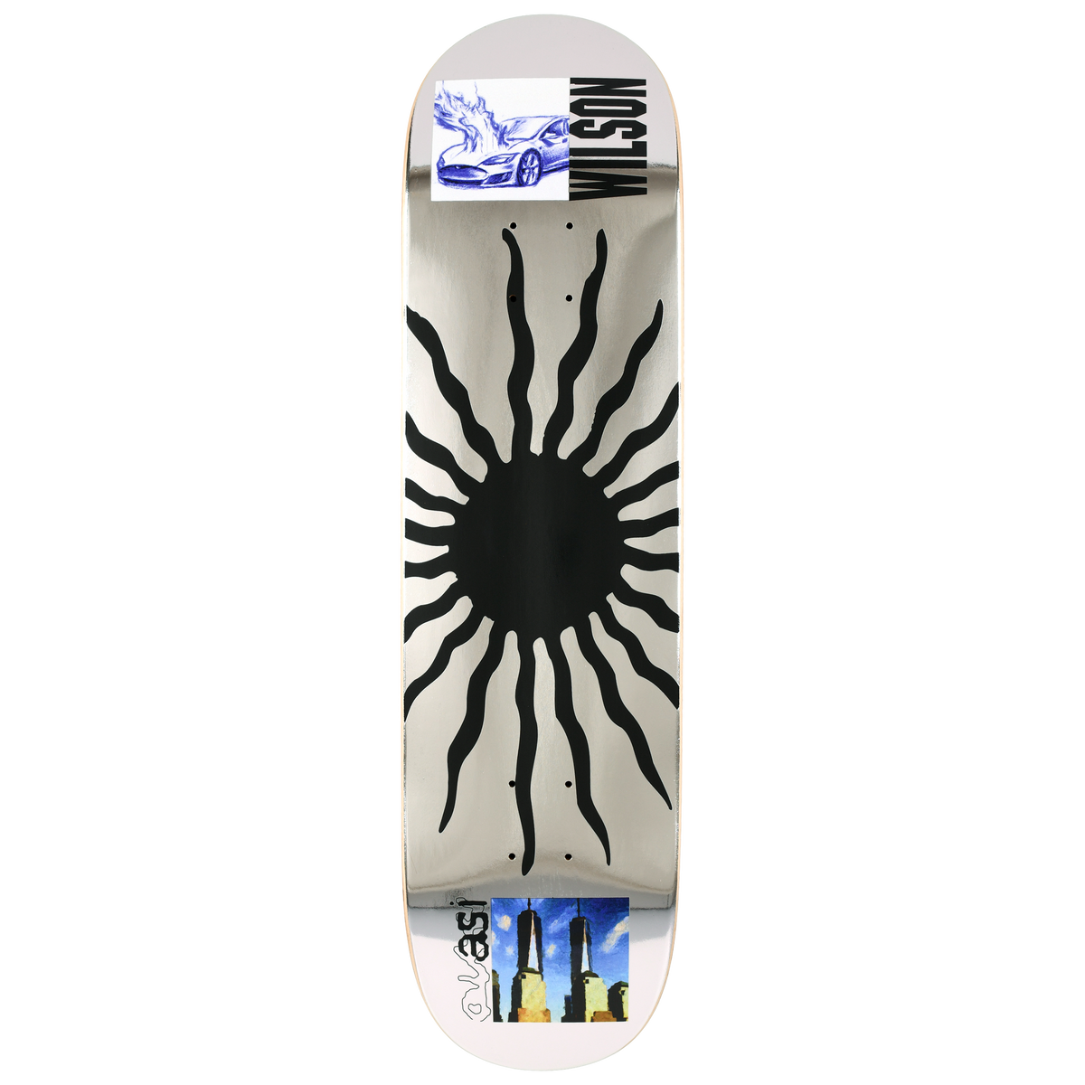 Quasi deck with metallic silver finish and drawn bright colored images with middle black sun graphic.