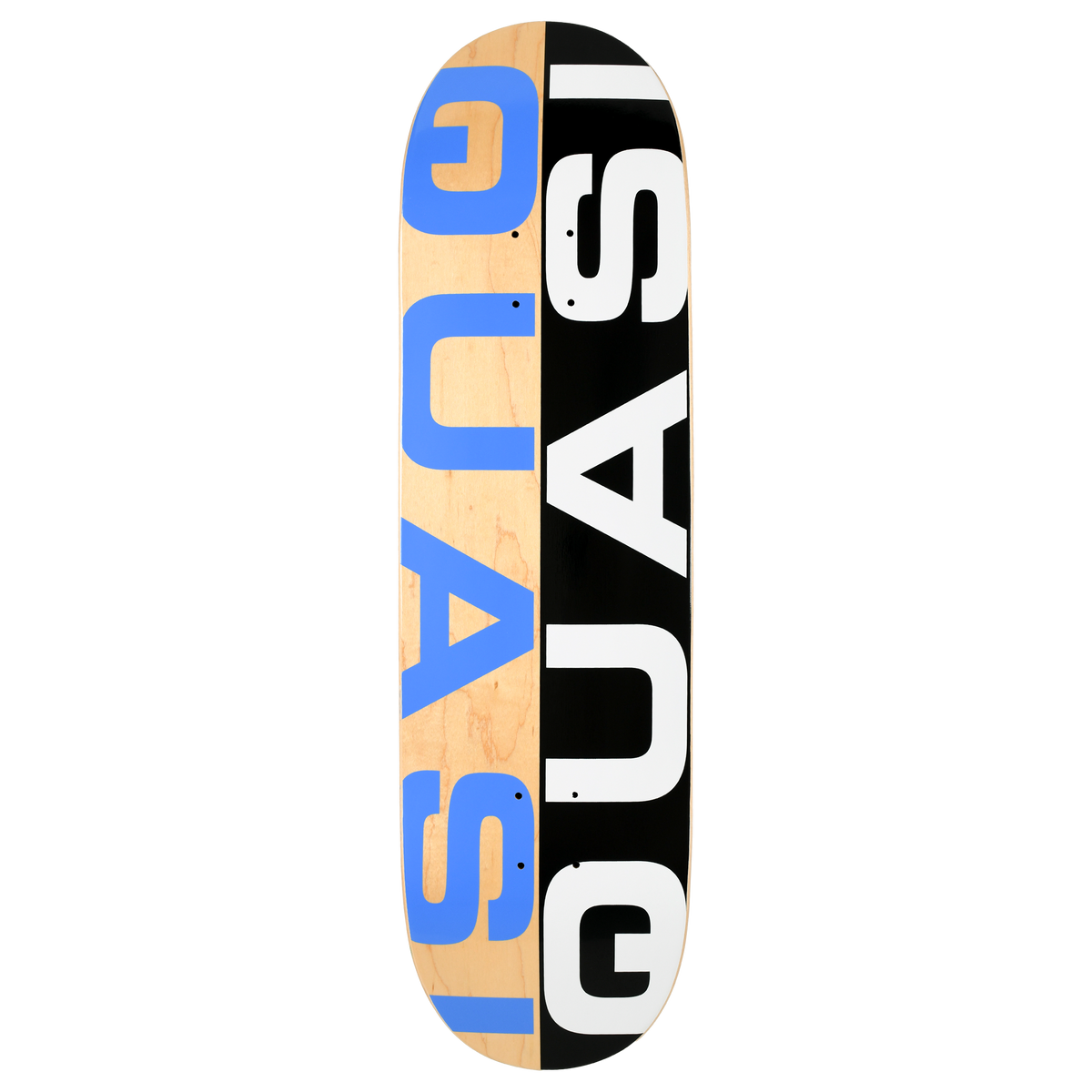 Quasi logo deck with split graphic in half, one 1/2 being wood-ply with blue Quasi graphic, and other 1/2 being black graphic with white Quasi logo.