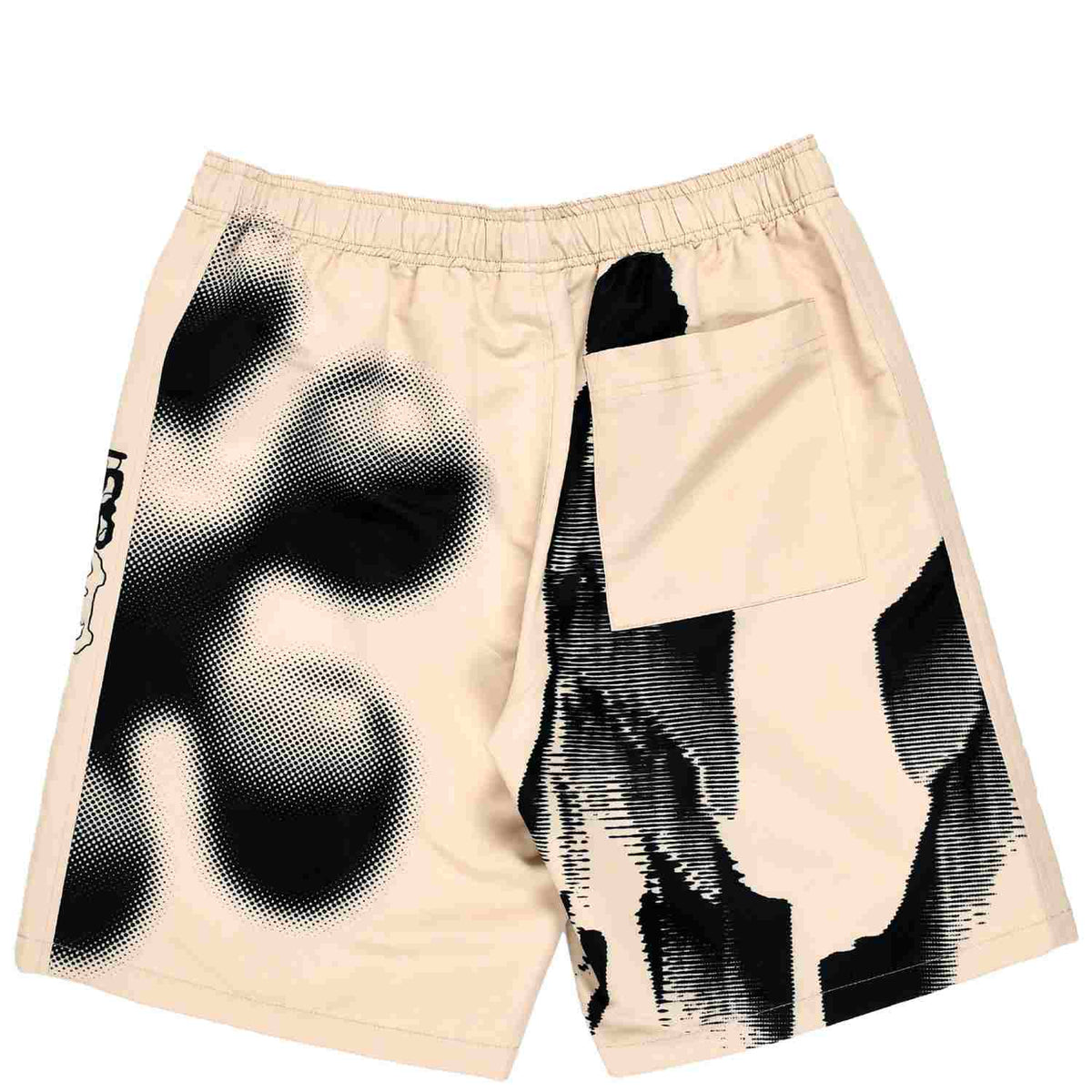 Quasi - Storm Short - Bone swim trunks in cream color with distorted image of a face and sun printed in black featuring back pocket on back right side.