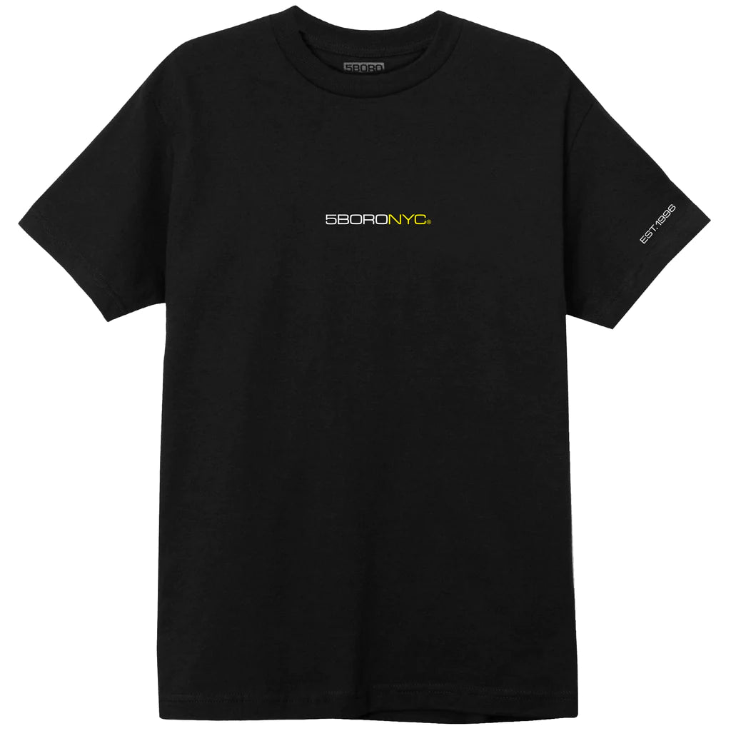 Black 5Boro tee, with white and yellow graphic. Tee Made in Mexico and printed in Upstate NY. Supporting skating in NYC for 28 years without interruption.