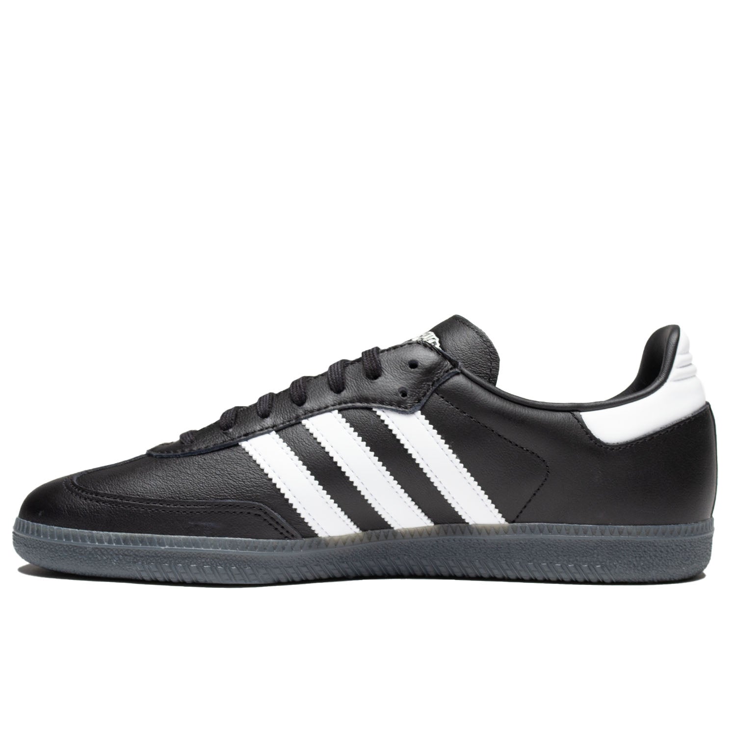 Adidas and Fucking Awesome Samba in black leather with white leather stripes and clear sole.