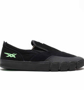 Asics Black slip on shoe with black sole and green asics logo. Chunky outer sole. Suede shoe. Black rubber toe cap.