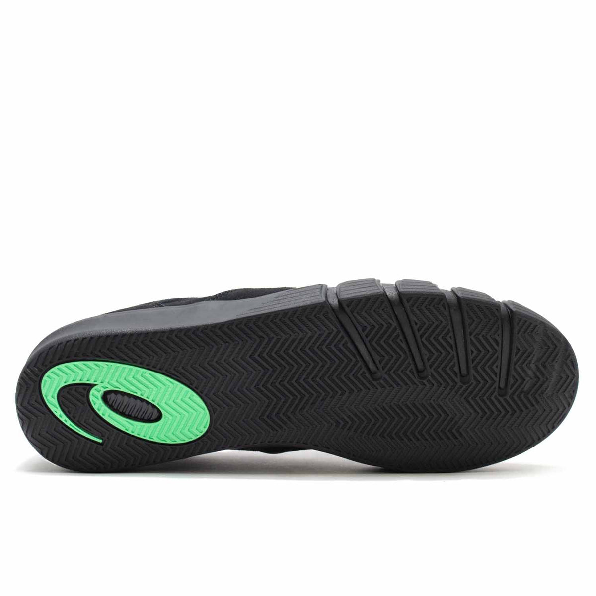 Bottom of Asics Black slip on shoe, black sole with large green asics A.
