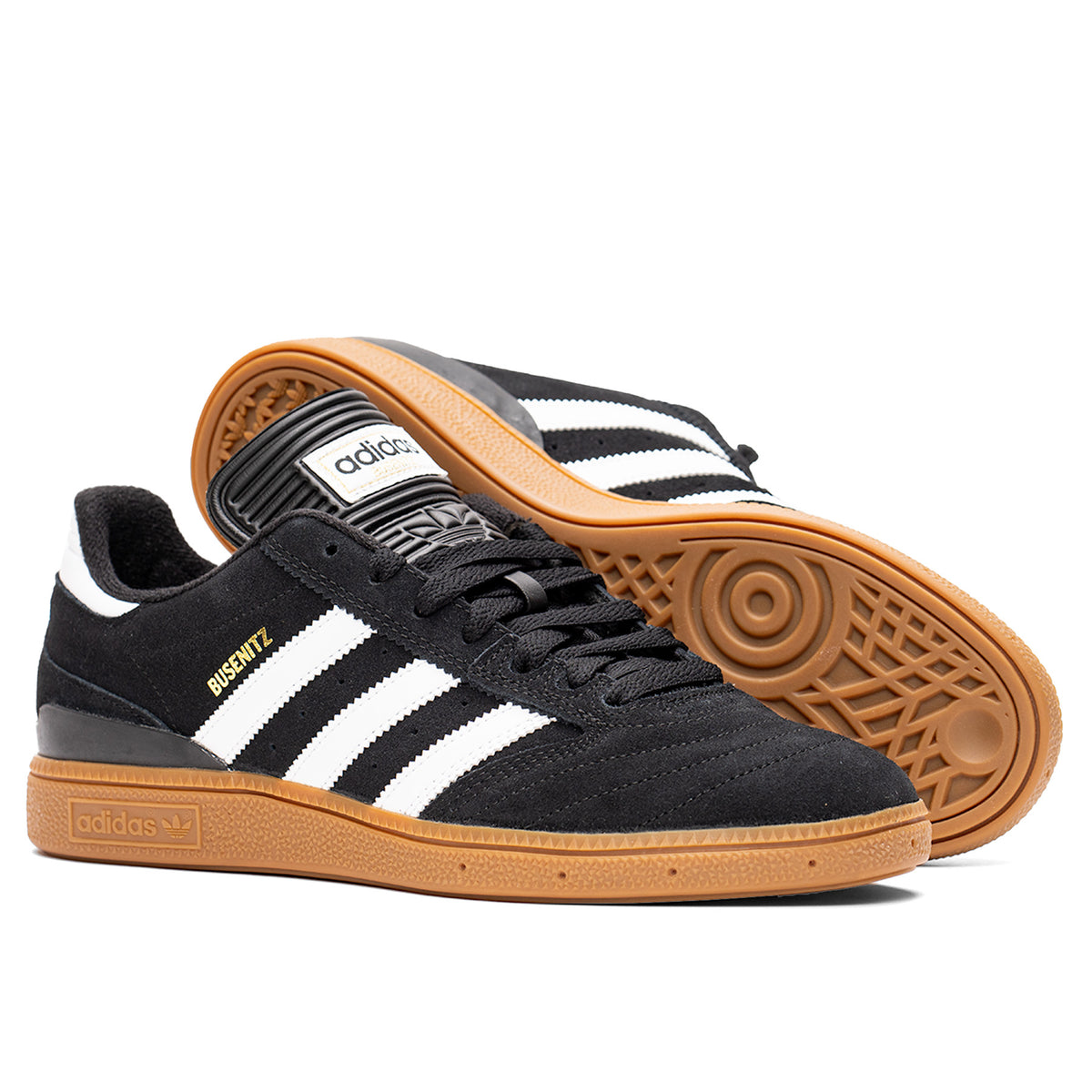 Adidas - Busenitz - Black suede shoe with white stripes and brown gum sole