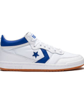 Converse Fastbreak Pro Mid: Retro style meets durability. White sneaker with royal blue accenting color and gum sole. Molded PU sockliner, mid-cut stability, and sleek design for CONS fans. Premium leather, Nylon accents, the Star Chevron logo, and rubber cupsole enhance board feel.