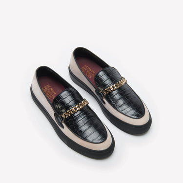 HUMAN RECREATIONAL SERVICES LOAFER WITH LIGHT PINK VELVET AND BLACK LEATHER WITH ADDED GOLD CUBAN LINK CHAIN.