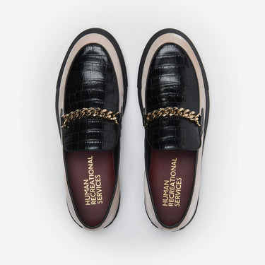 HUMAN RECREATIONAL SERVICES LOAFER WITH LIGHT PINK VELVET AND BLACK LEATHER WITH ADDED GOLD CUBAN LINK CHAIN.