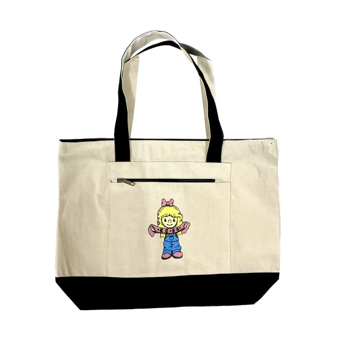 black and bone white heavy canvas zipper top tote bag with cute doll graphic drawn by James Deskins 