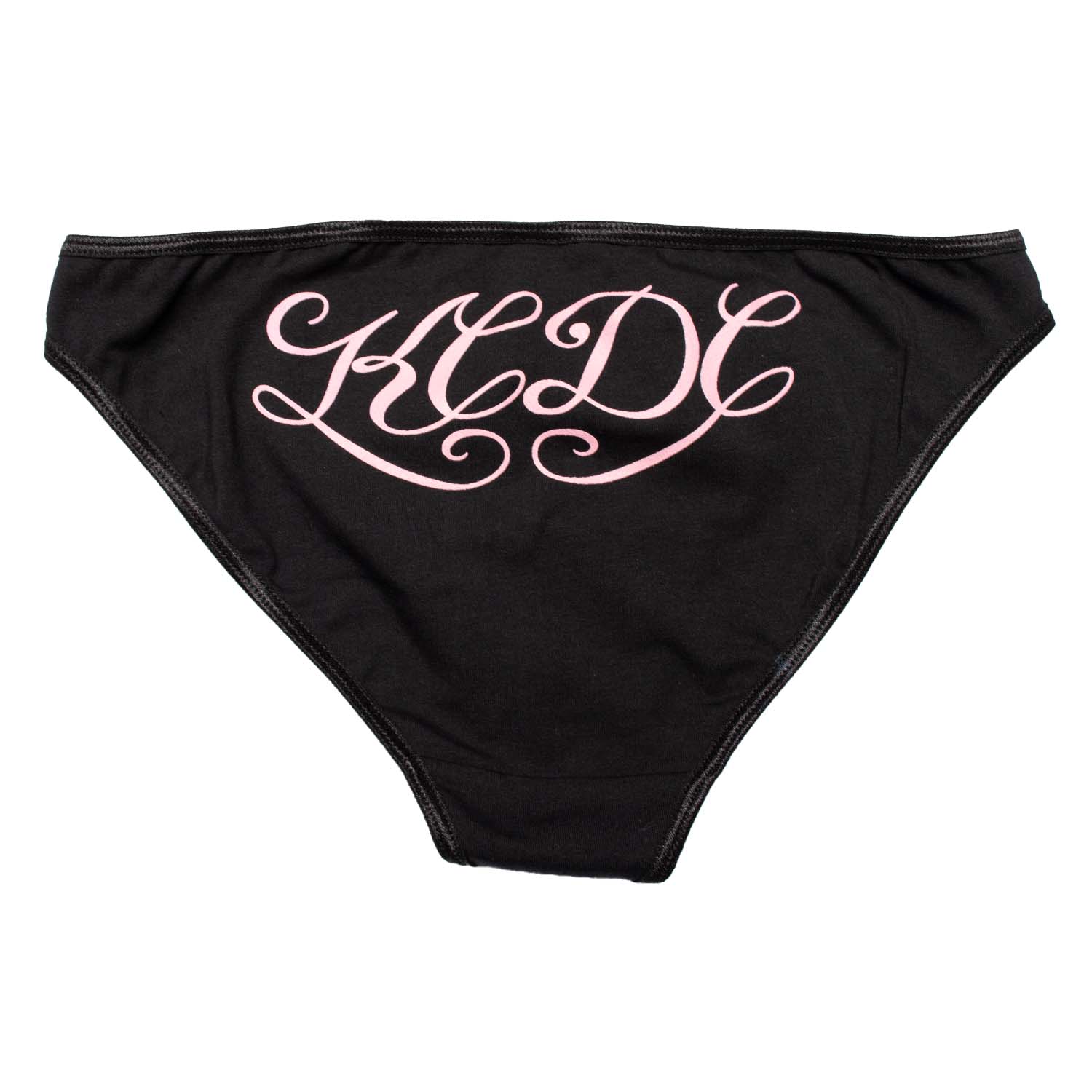 Black bikini panty with pink KCDC script printed on butt.