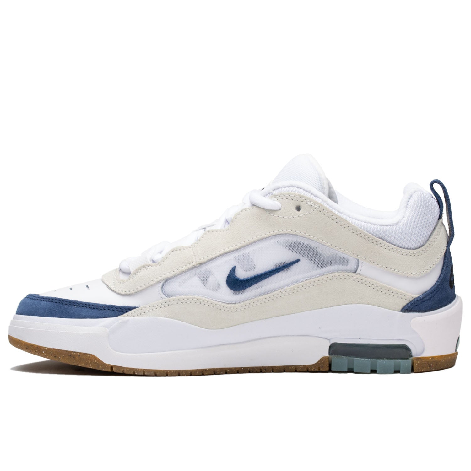 Nike SB - Air Max Ishod: '90s basketball-inspired, durable for intense skating, Max Air technology, flexible cupsole, "Ishod" details, "Wair" embroidery, herringbone outsole grip, White/Summit White/Black/Navy, Tinker Hatfield's Parisian architecture influence for comfort and support.