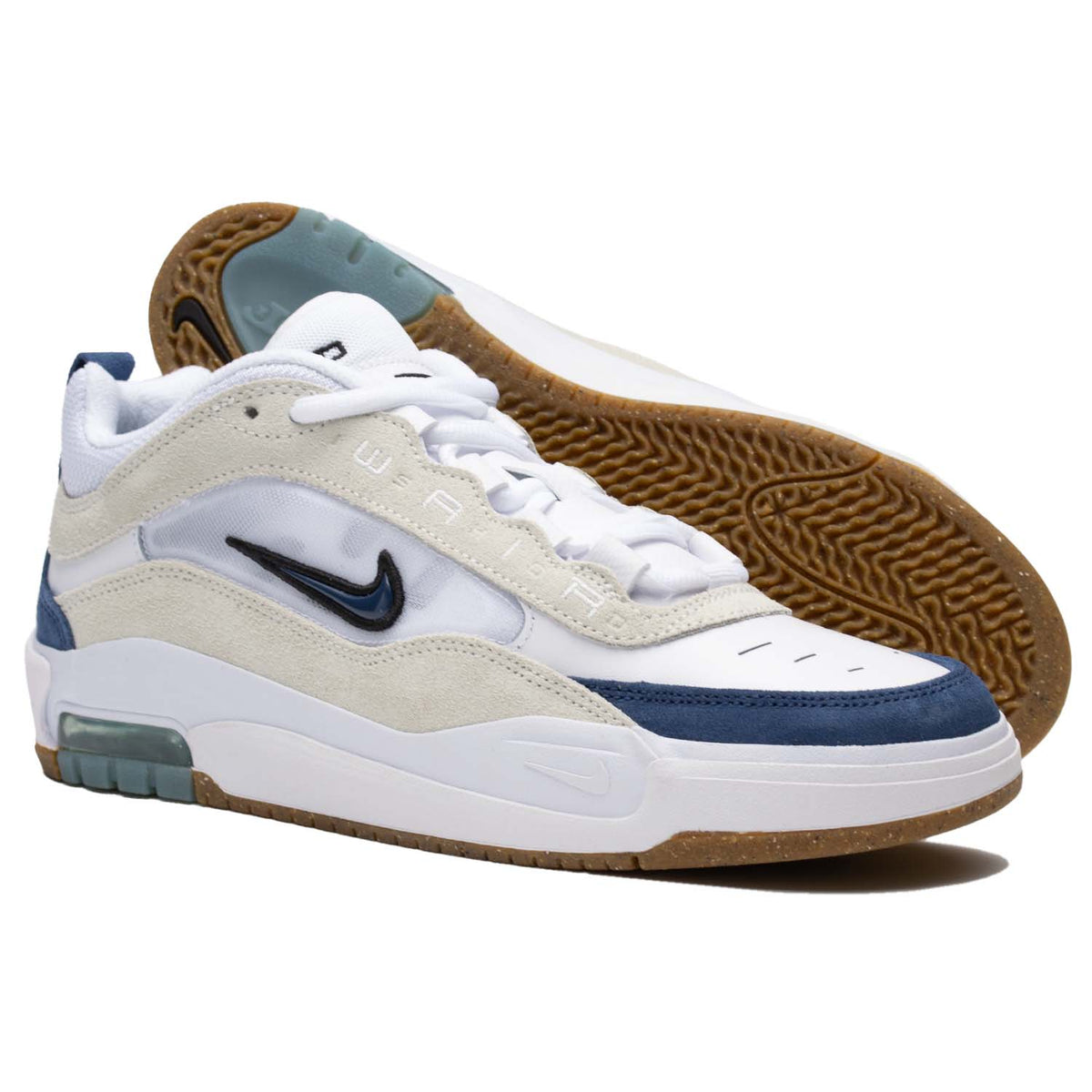 Nike SB - Air Max Ishod: &#39;90s basketball-inspired, durable for intense skating, Max Air technology, flexible cupsole, &quot;Ishod&quot; details, &quot;Wair&quot; embroidery, herringbone outsole grip, White/Summit White/Black/Navy, Tinker Hatfield&#39;s Parisian architecture influence for comfort and support.