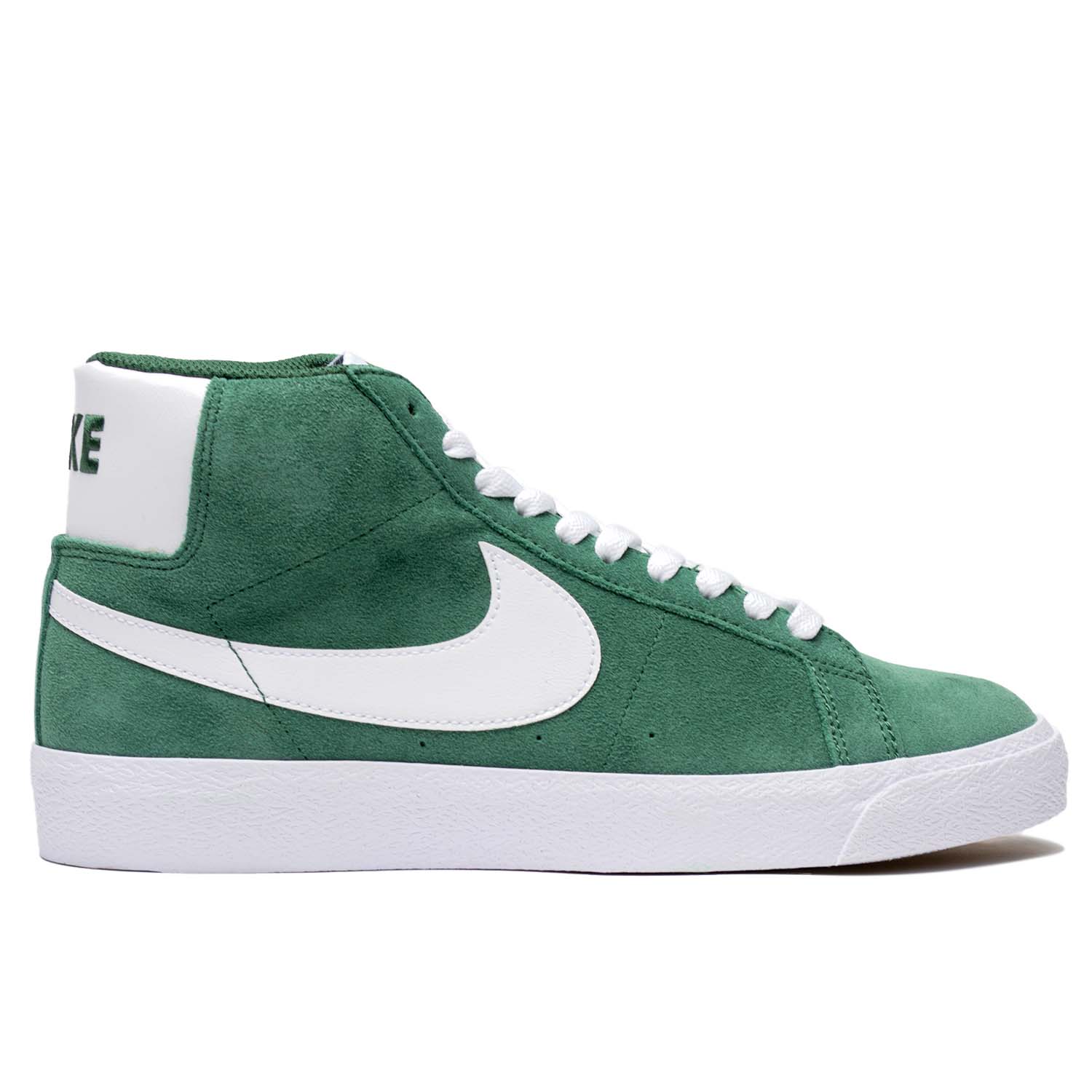 Nike Green suede high top skateboarding shoe with white Nike swoosh, white laces, and white sole. 