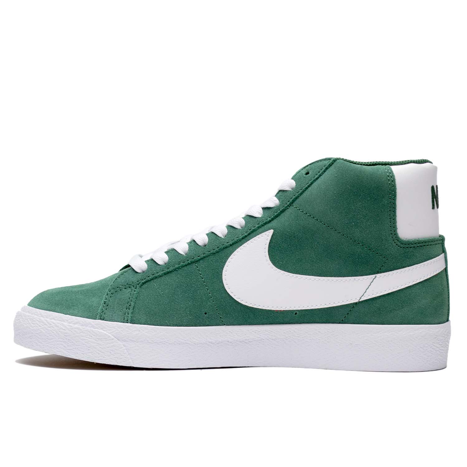 Nike Green suede high top skateboarding shoe with white Nike swoosh, white laces, and white sole. 
