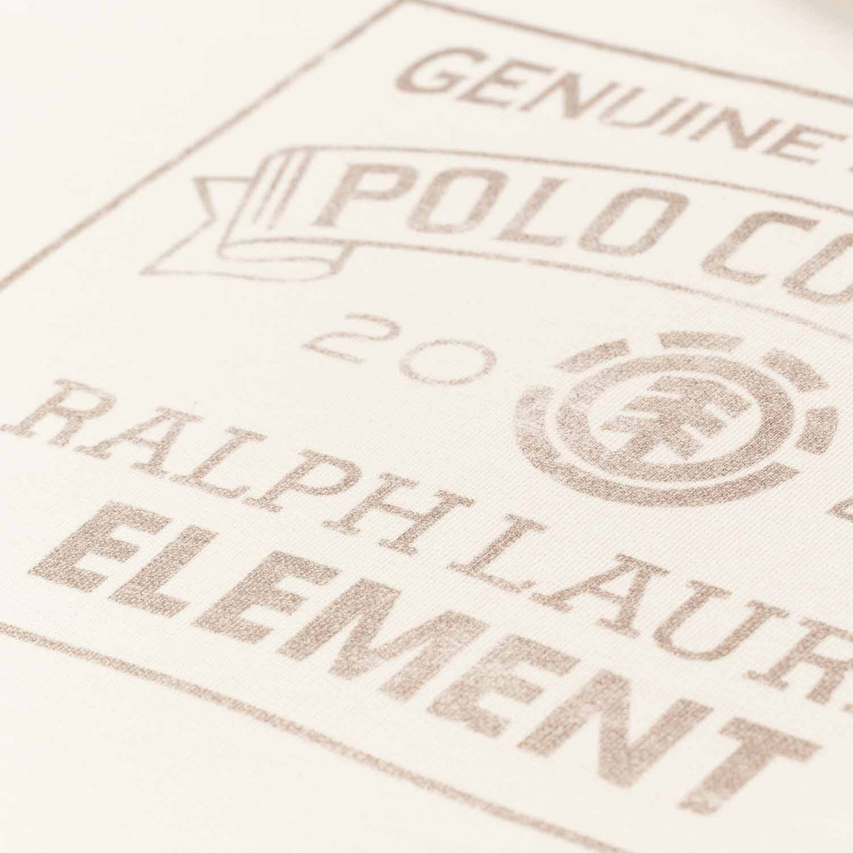 Back detail shot of Polo Ralph Lauren x Element Skateboards Hoodie in cream white color. Faded looking Element and Polo Ralph Lauren logo in brown on back of hoodie.