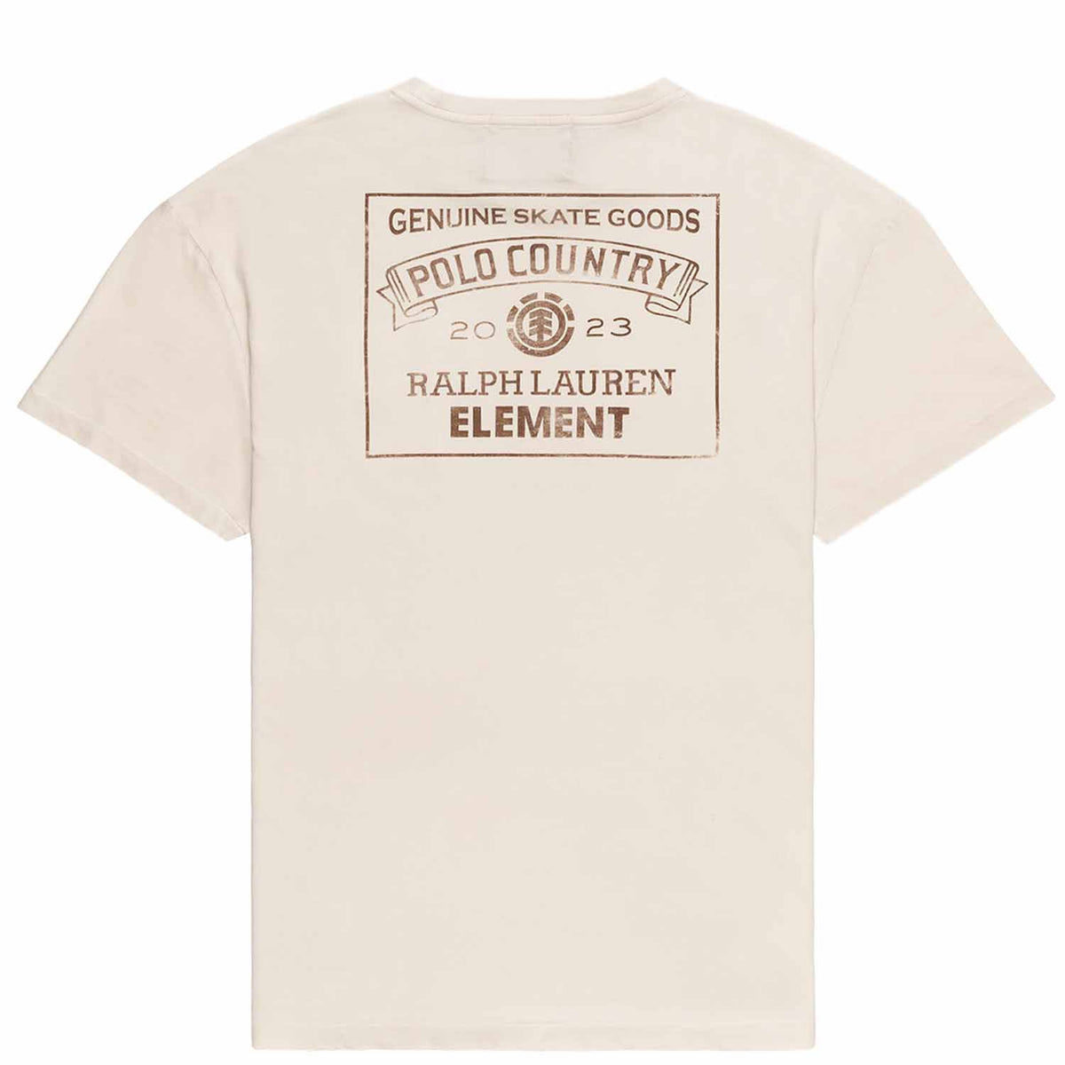 Polo Ralph Lauren x Element Pocket Tee in cream. Back photo of Polo Ralph Lauren x Element logo printed on back of shirt in distressed brown color. Reads &quot;Genuine Skate Goods, Polo Country, 2023, *Element Logo*, Ralph Lauren, Element.&quot;