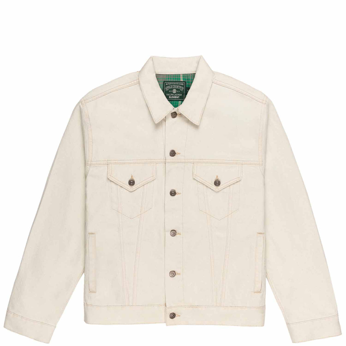 Polo Ralph Lauren x Element Trucker Jacket in cream. Two front breast pockets, on on each side. Plaid print inside jacket. Side pockets on each side of waist.