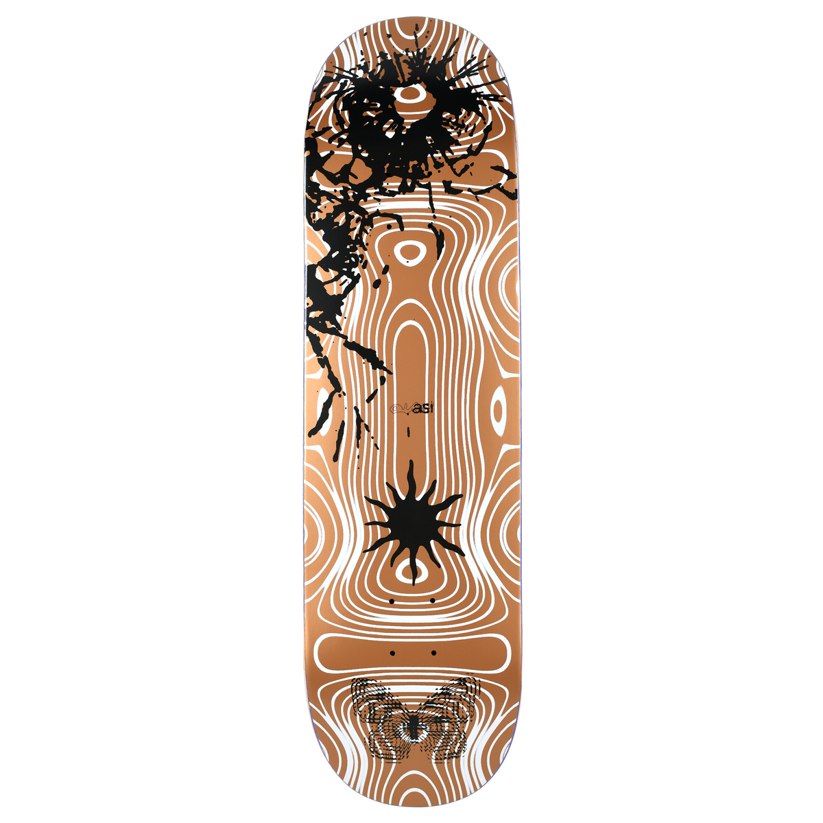 Quasi deck with metallic copper colored graphic, with warped white lines and black splatter graphic.