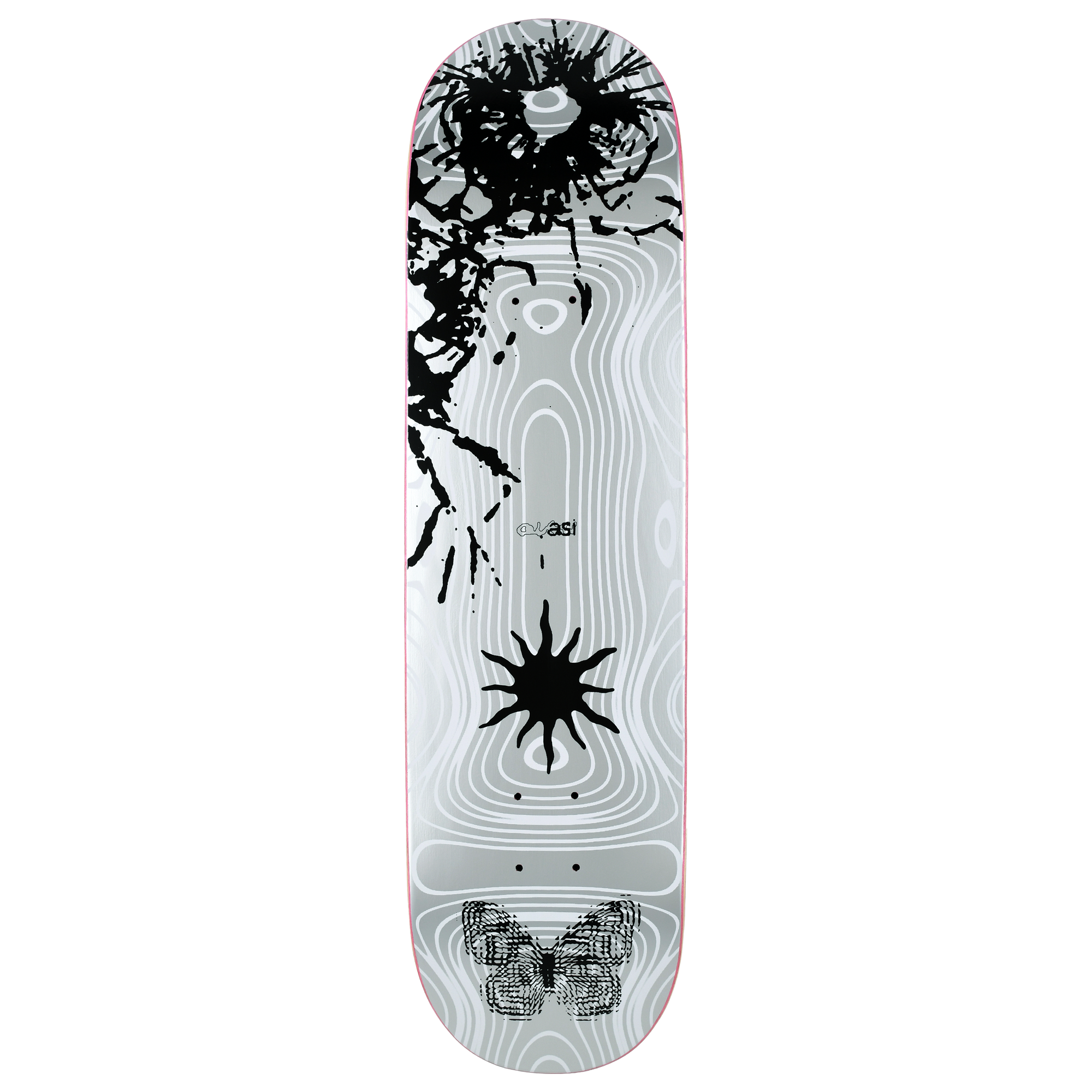 Quasi deck with metallic silver colored graphic, with warped white lines and black splatter graphic.