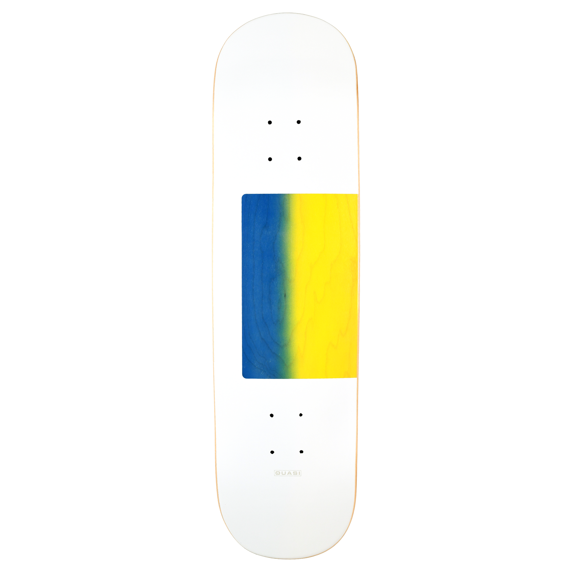 One of the OG Quasi graphics. A mostly white board with offset middle rectangle, with an ombre colored wood-ply in the middle of the deck. 