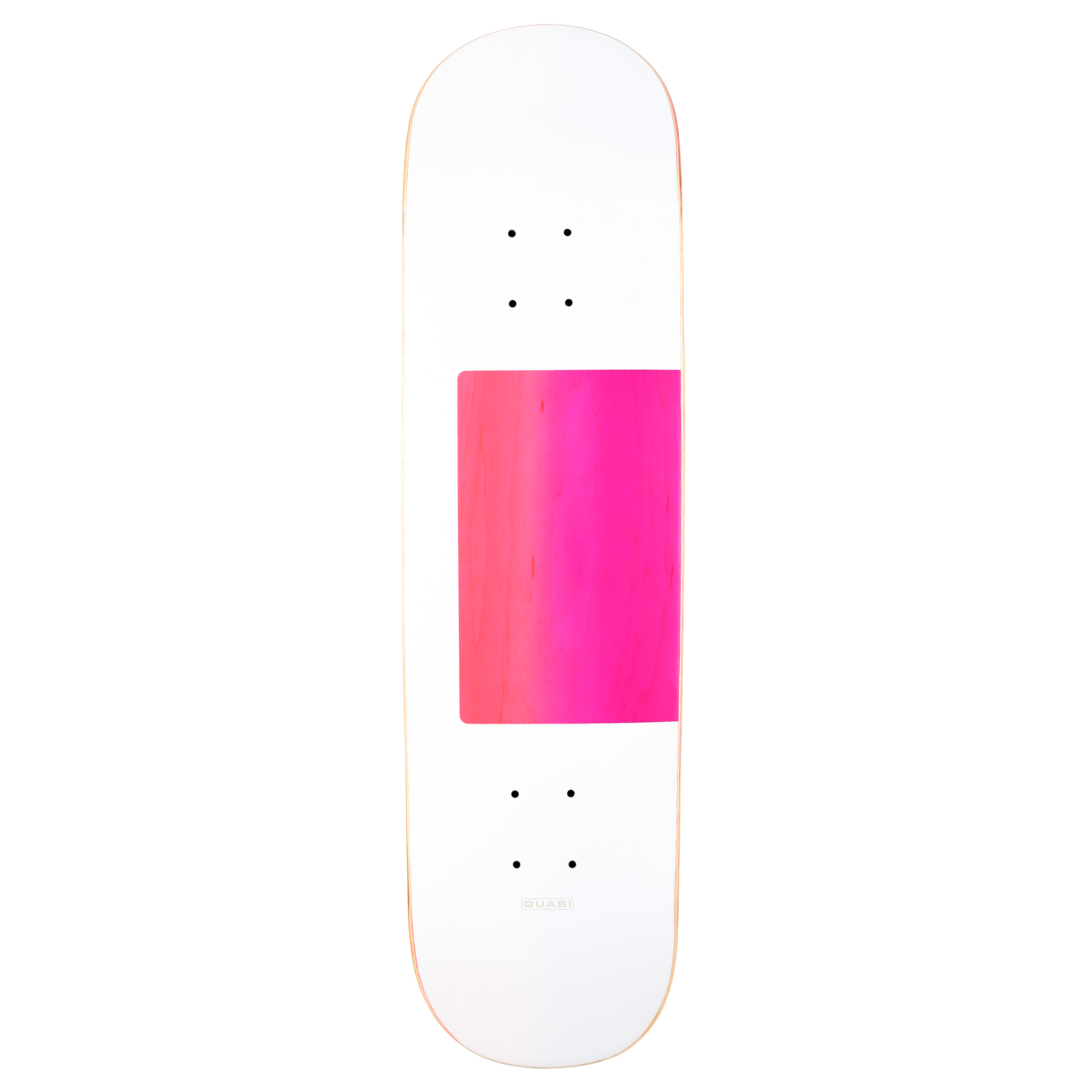 One of the OG Quasi graphics. A mostly white board with offset middle rectangle, with an ombre colored wood-ply in the middle of the deck. 