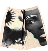 Quasi - Storm Short - Bone swim trunks in cream color with distorted image of a face and sun printed in black.