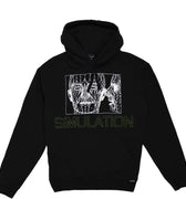 Athletic fit for comfortable wear, Quasi presents a midweight hoodie with 11oz jersey fleece fabric. It features flat woven hood drawstrings and a screen printed chest design in white. Design appears to be hand drawn. Simulation is printed on the front of the hoodie in green.