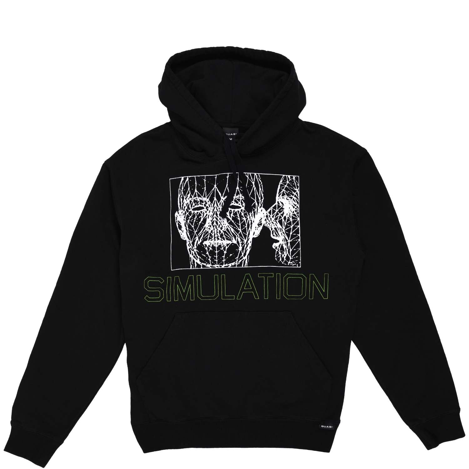 Athletic fit for comfortable wear, Quasi presents a midweight hoodie with 11oz jersey fleece fabric. It features flat woven hood drawstrings and a screen printed chest design in white. Design appears to be hand drawn. Simulation is printed on the front of the hoodie in green.
