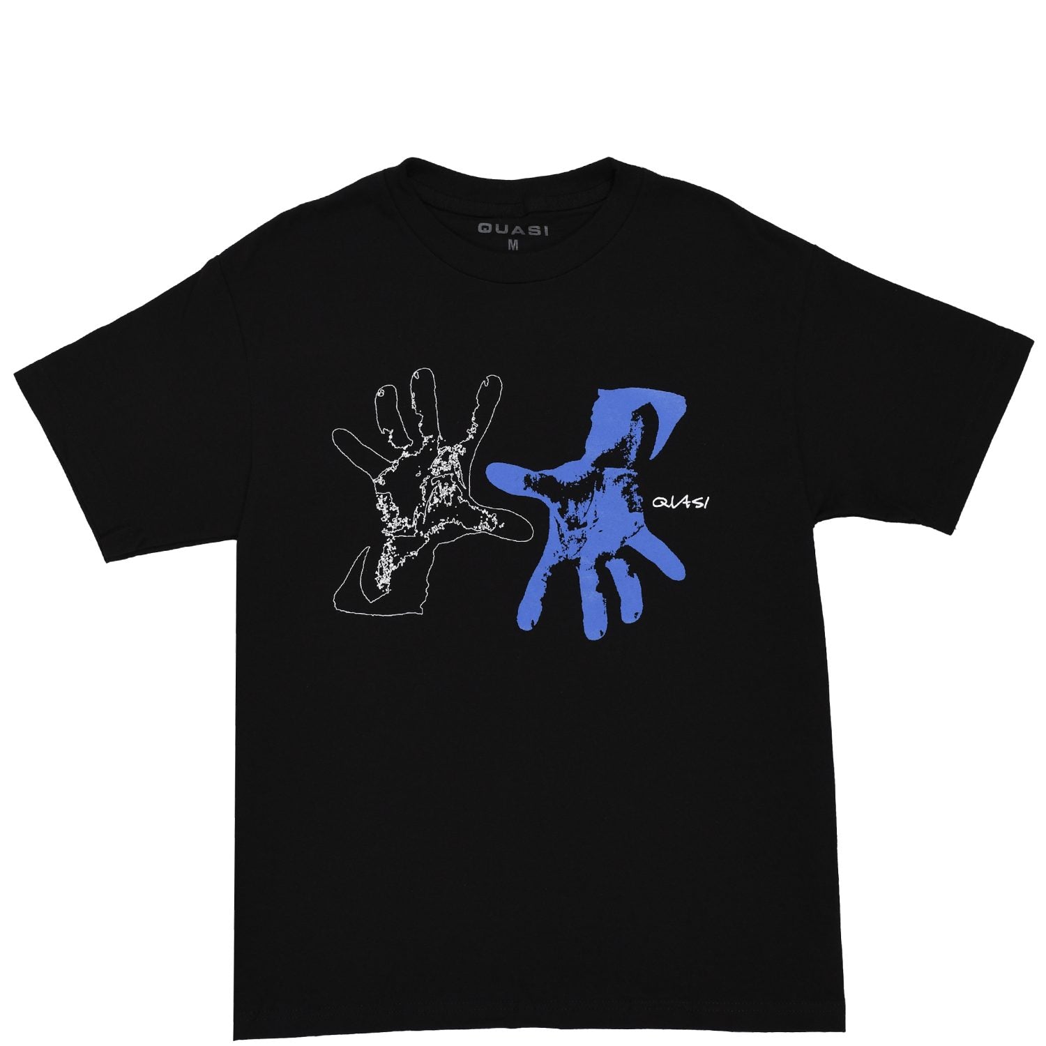 Futuristic graphic of 2 blue and white hands, mid-weight, black short-sleeve tee, made from 100% Cotton, presented by Quasi Skateboards.
