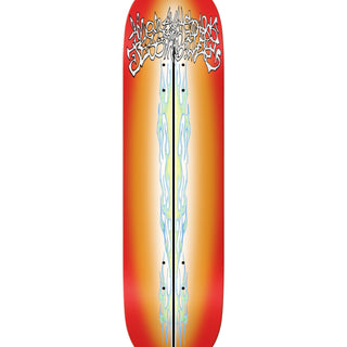 Bottom of skateboard with orange fade graphic, pinstriping, and There Skateboards Jess Bailey in weird font