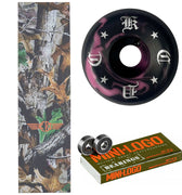 Skateboard wheel with star pattern and 'KCDC" logo, next to a camouflage-patterned mob grip tape and Minlogobearings packaging.