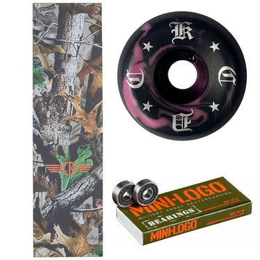 Skateboard wheel with star pattern and 'KCDC" logo, next to a camouflage-patterned mob grip tape and Minlogobearings packaging.